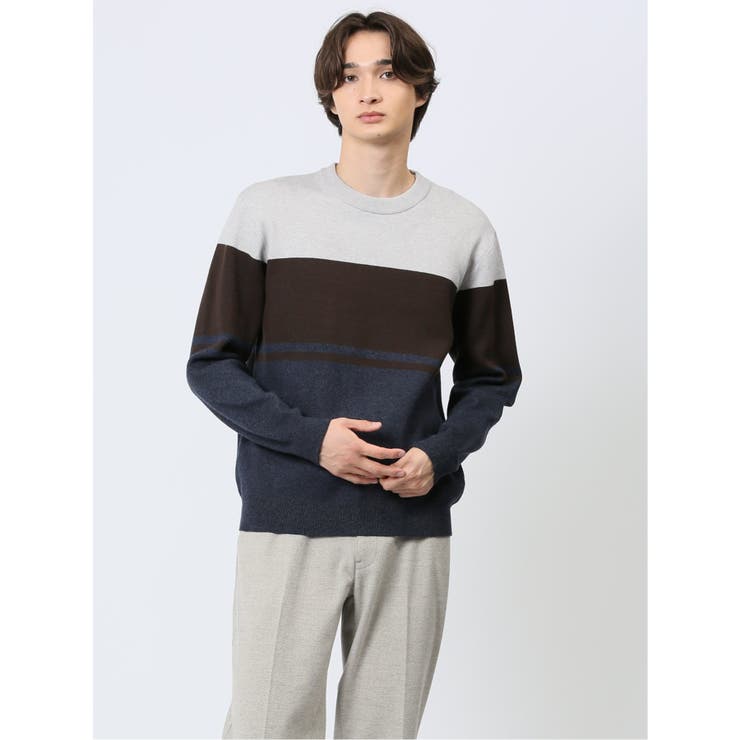 クロスストレッチ パネルボーダー クルーニット | TAKA-Q MEN | 詳細画像1 