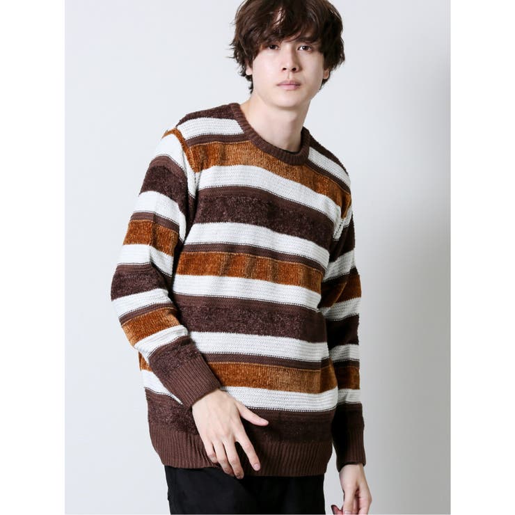 30茶 | ウォッシャブル フェザー×モールボーダー クルーネックニット | TAKA-Q MEN