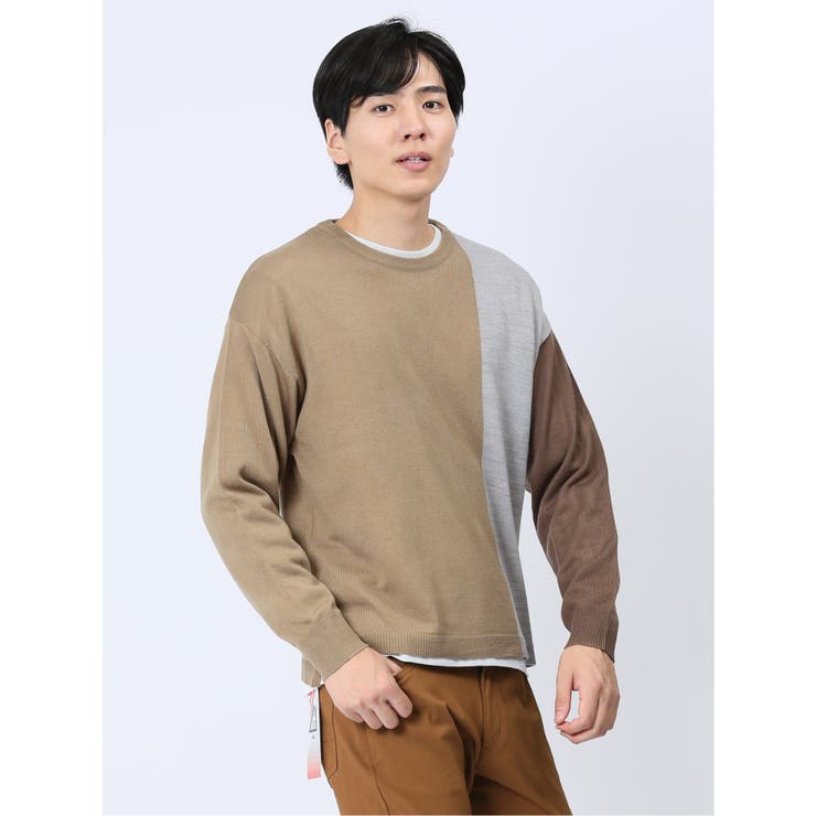36茶 | カシミアタッチ パネルクルーニット&長袖Tシャツ アンサンブル | TAKA-Q MEN