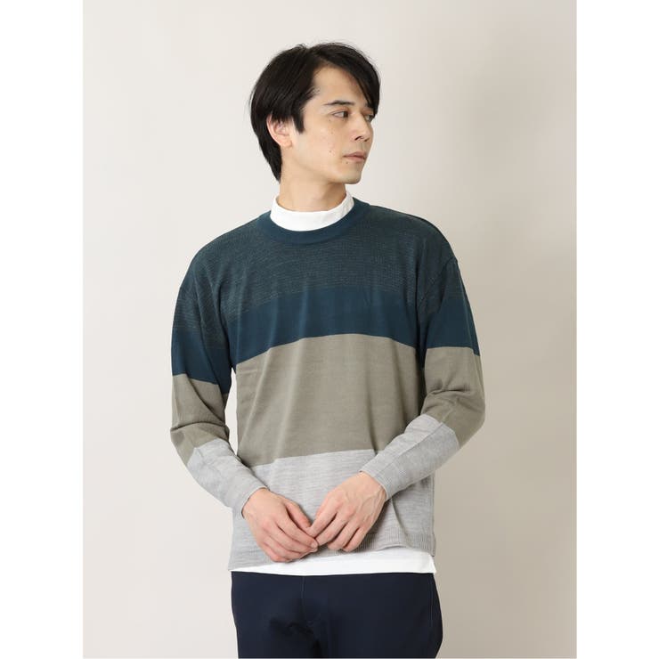 53モスグリーン | カシミアタッチ 切替クルーニット&長袖Tシャツ アンサンブル | TAKA-Q MEN