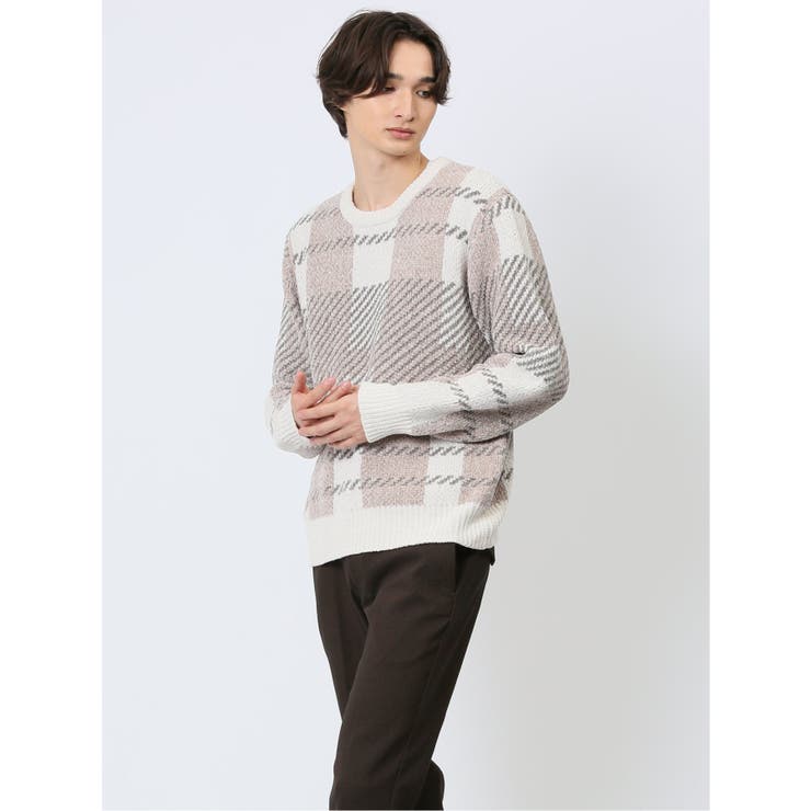 01白 | モールジャガードチェック クルーニット | TAKA-Q MEN