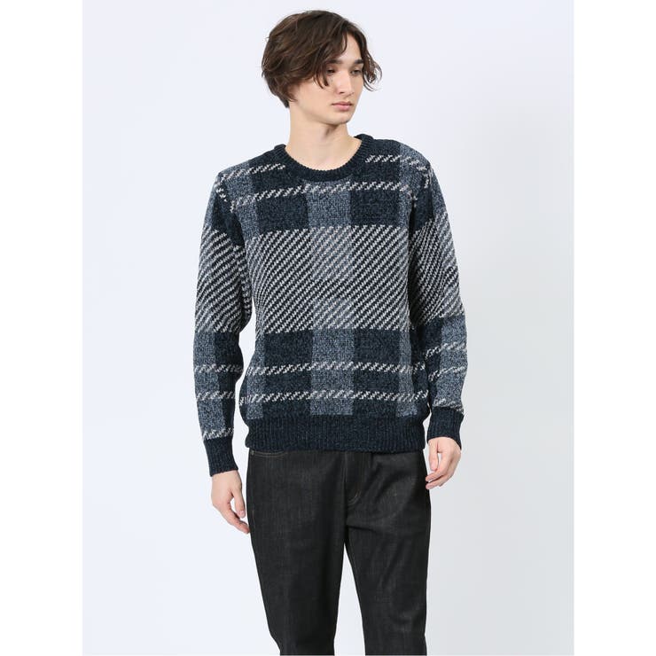 75紺 | モールジャガードチェック クルーニット | TAKA-Q MEN