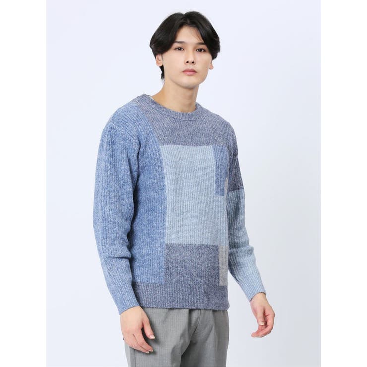 70青 | ウォッシャブル パッチワーク風 クルーネックニット | TAKA-Q MEN