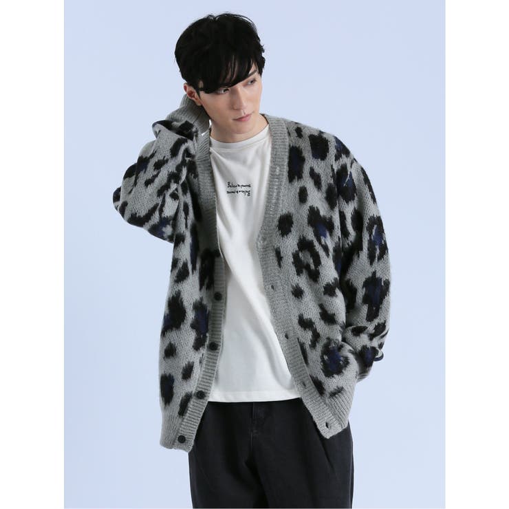 04グレー | モヘアタッチ レオパード Vネック ニットカーディガン | TAKA-Q MEN