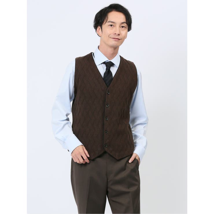 30茶 | ふわもち ダイヤ柄 前開きベスト | TAKA-Q MEN