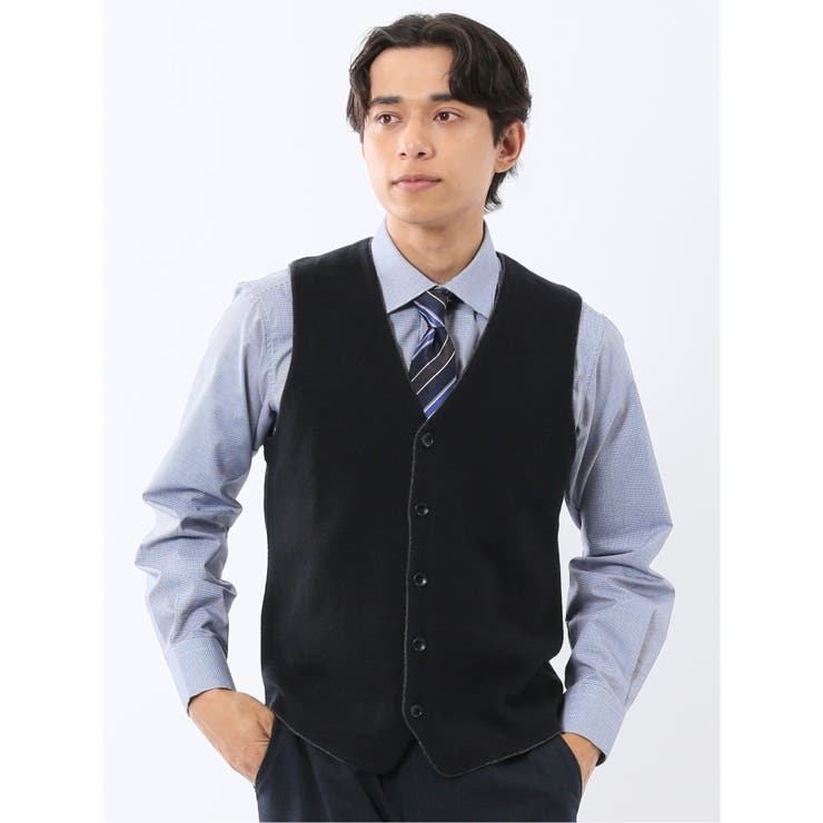 75紺 | ウォッシャブル ウール混 ミラノリブ 前開きベスト | TAKA-Q MEN