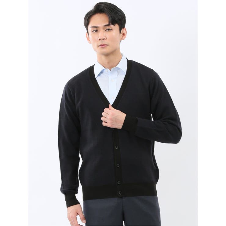 75紺 | ウォッシャブル ウール混カルゼ柄 ニットカーディガン | TAKA-Q MEN