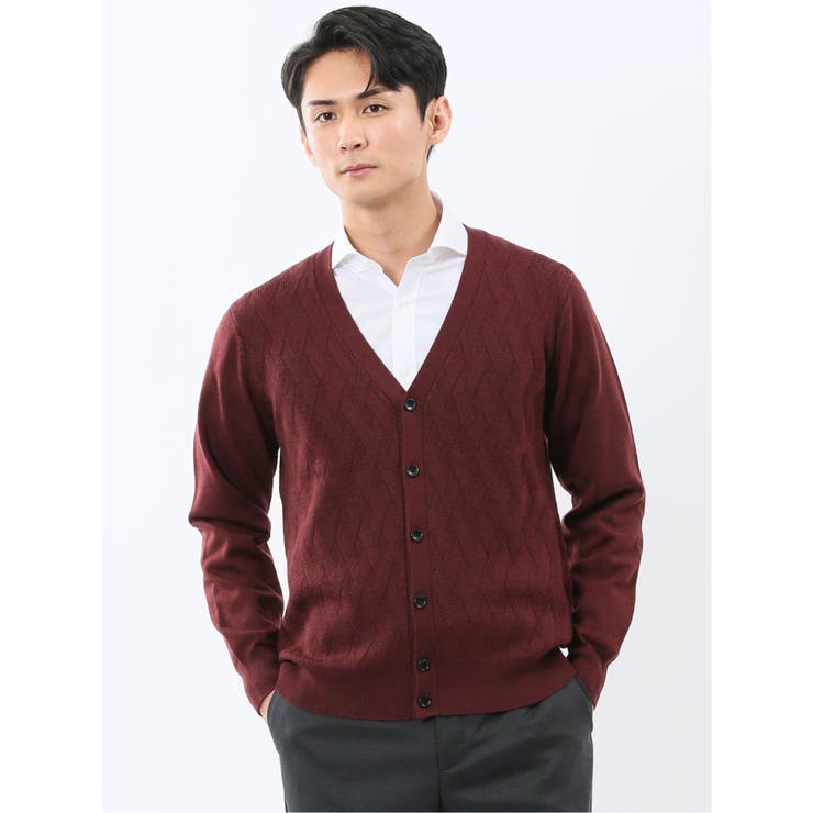 15ワイン | ウォッシャブル ウール混ダイヤ柄 ニットカーディガン | TAKA-Q MEN