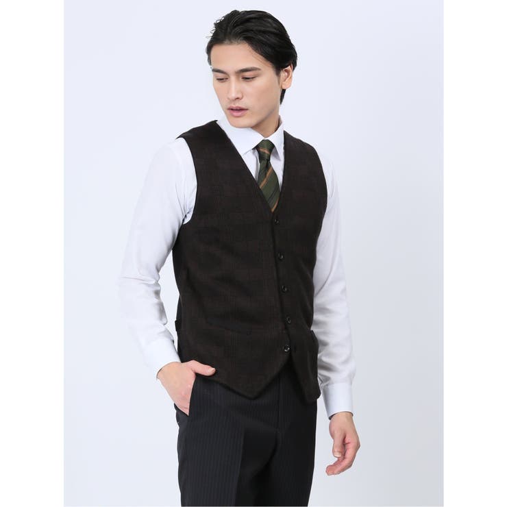 30茶 | ウォッシャブル ウール混グレンチェック ニットジレ | TAKA-Q MEN