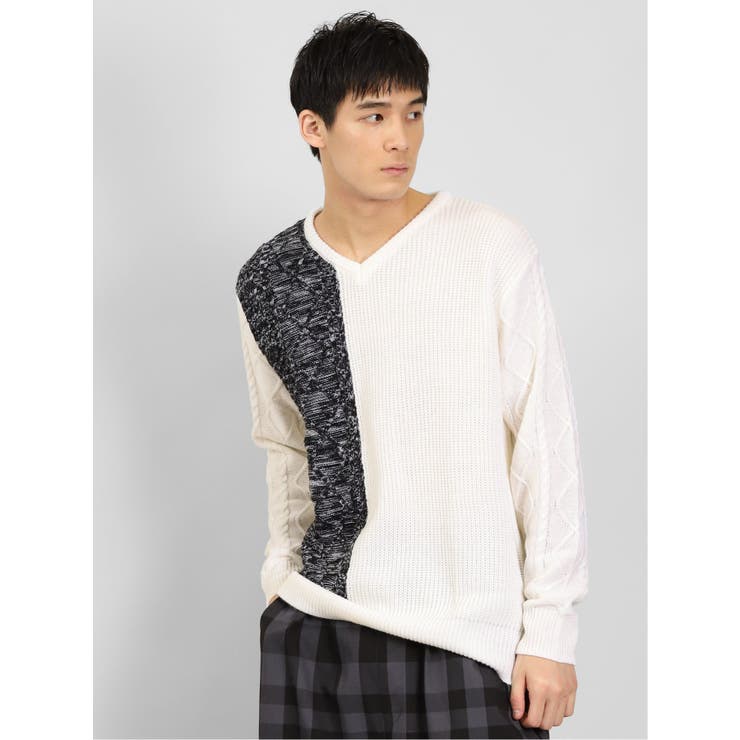 01白 | ウォッシャブル 編地切替 Vネックニット | TAKA-Q MEN