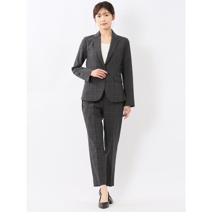 ストレッチウォッシャブル 1ボタンジャケット＋テーパードパンツ チェックグレー | TAKA-Q WOMEN | 詳細画像1 