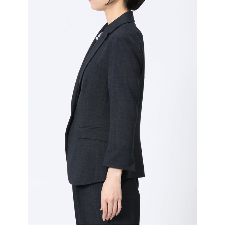 麻調合繊 1ボタン7分袖ジャケット＋テーパードパンツ 紺[品番