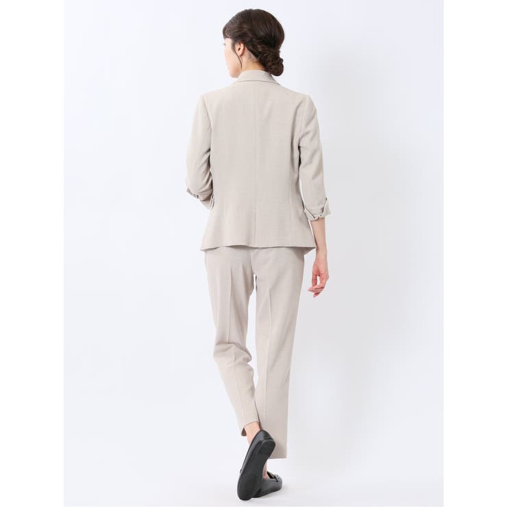 麻調合繊 1ボタン7分袖ジャケット＋テーパードパンツ ベージュ