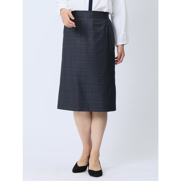 75紺 | ウール混チェック柄 タイトスカート 紺(セットアップ可能) | TAKA-Q WOMEN