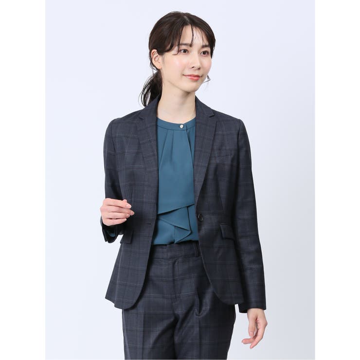 75紺 | ウール混チェック柄 1ボタンジャケット 紺(セットアップ可能) | TAKA-Q WOMEN