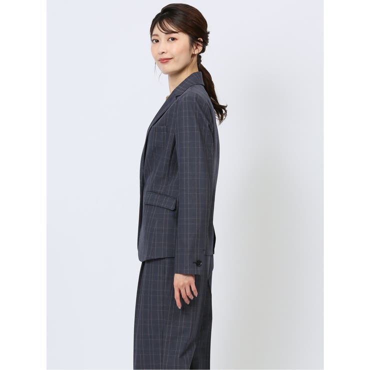 DELEGANT チェック柄 1ボタンジャケット 紺(セットアップ可能