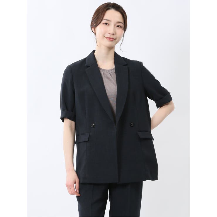 麻調合繊 半袖ダブルジャケット 紺(セットアップ可能) | TAKA-Q WOMEN | 詳細画像1 