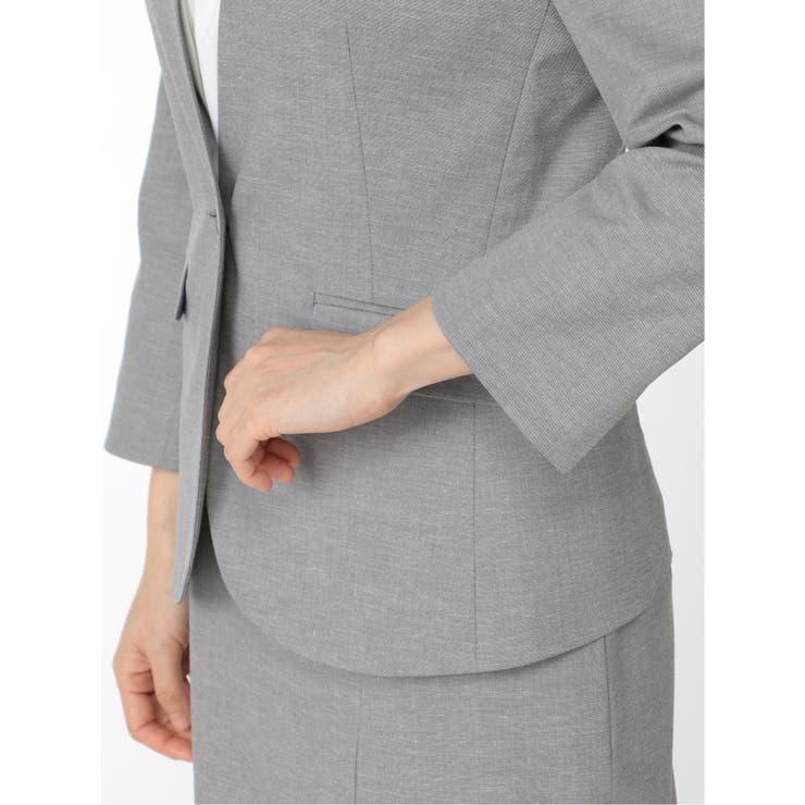 綿麻シャーク カラーレス7分袖ジャケット グレー(セットアップ可能