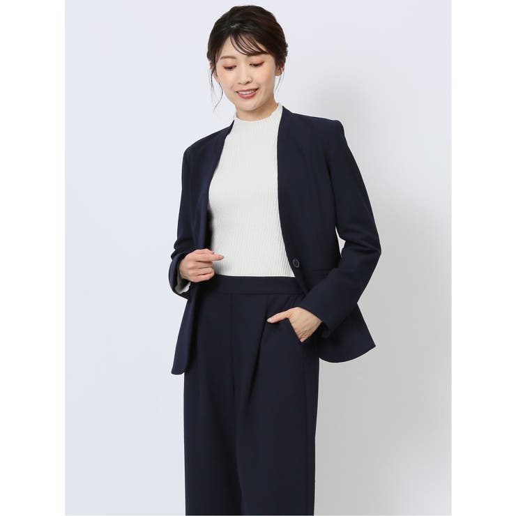 カットジョーゼット カラーレスジャケット 紺(セットアップ可能) | TAKA-Q WOMEN | 詳細画像1 