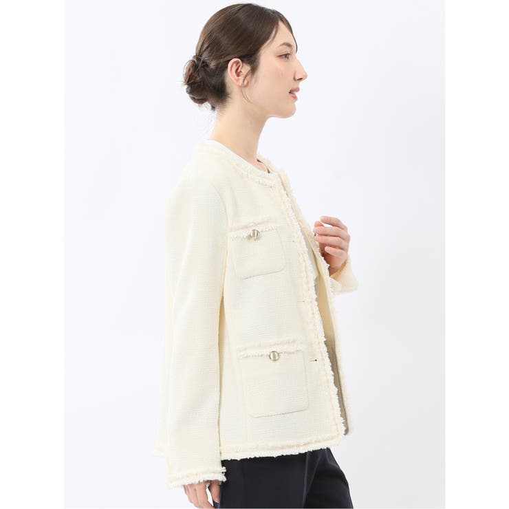 ファンシーツイード ノーカラージャケット アイボリー | TAKA-Q WOMEN | 詳細画像4 