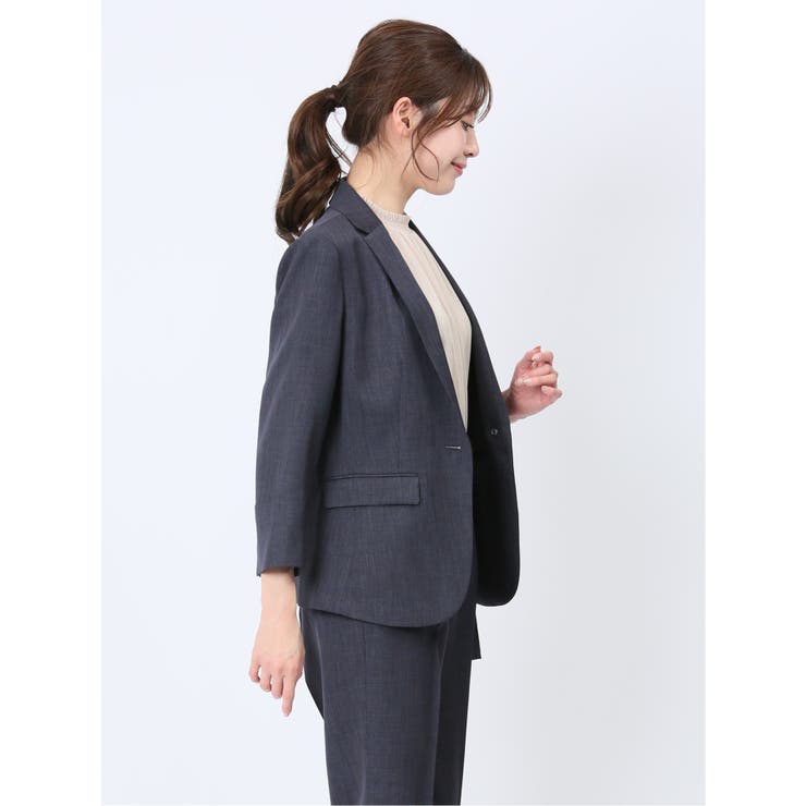 ストレッチウォッシャブル 1ボタン7分袖ジャケット 紺(セットアップ