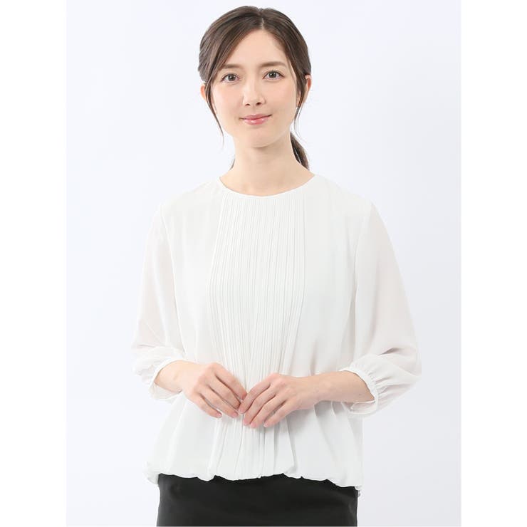 02アイボリー | 消しプリーツ 7分袖プルオーバーブラウス | TAKA-Q WOMEN