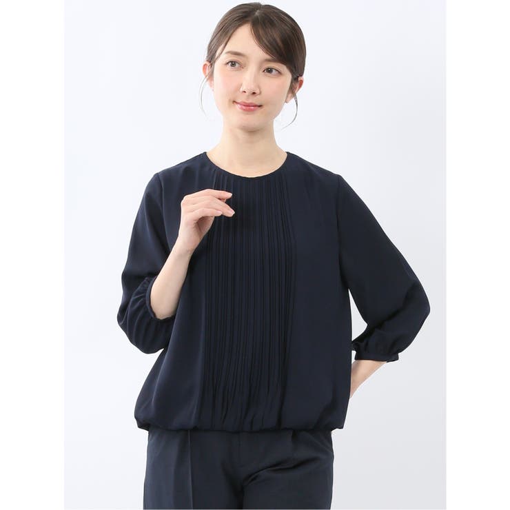 75紺 | 消しプリーツ 7分袖プルオーバーブラウス | TAKA-Q WOMEN