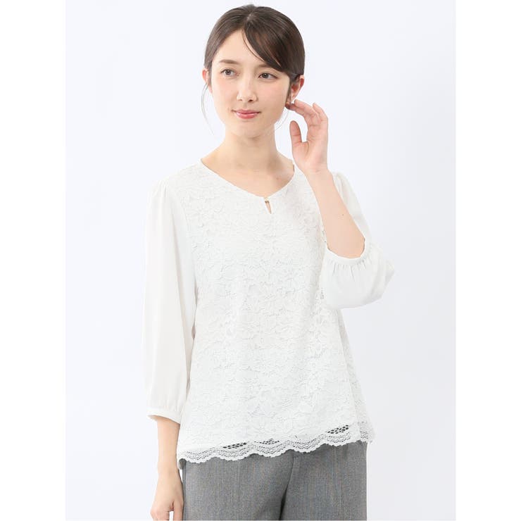 02アイボリー | 前身レース 7分袖プルオーバーブラウス | TAKA-Q WOMEN