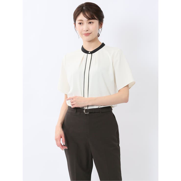 バンドカラーパイピング 半袖比翼ブラウス | TAKA-Q WOMEN | 詳細画像1 