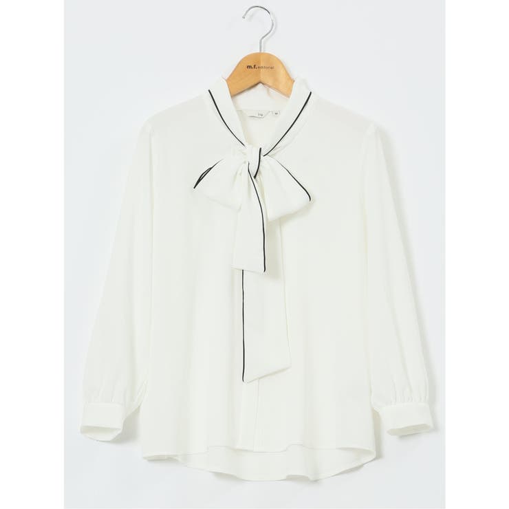 02アイボリー | ストレッチ 配色ボウタイ 長袖ブラウス | TAKA-Q WOMEN
