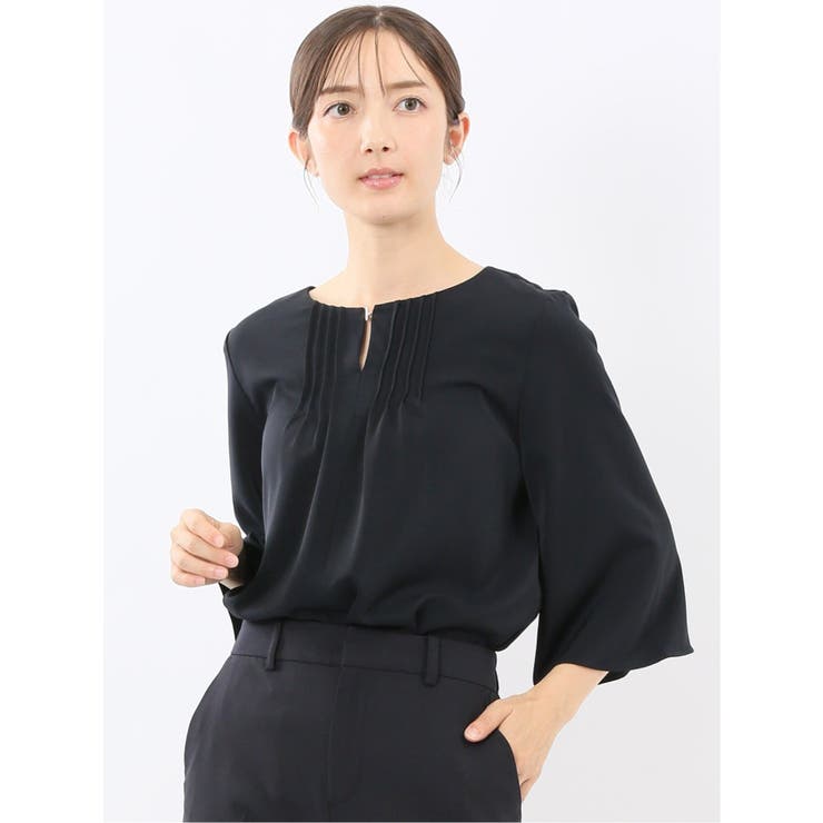 75紺 | ピンタック 7分袖プルオーバーブラウス | TAKA-Q WOMEN