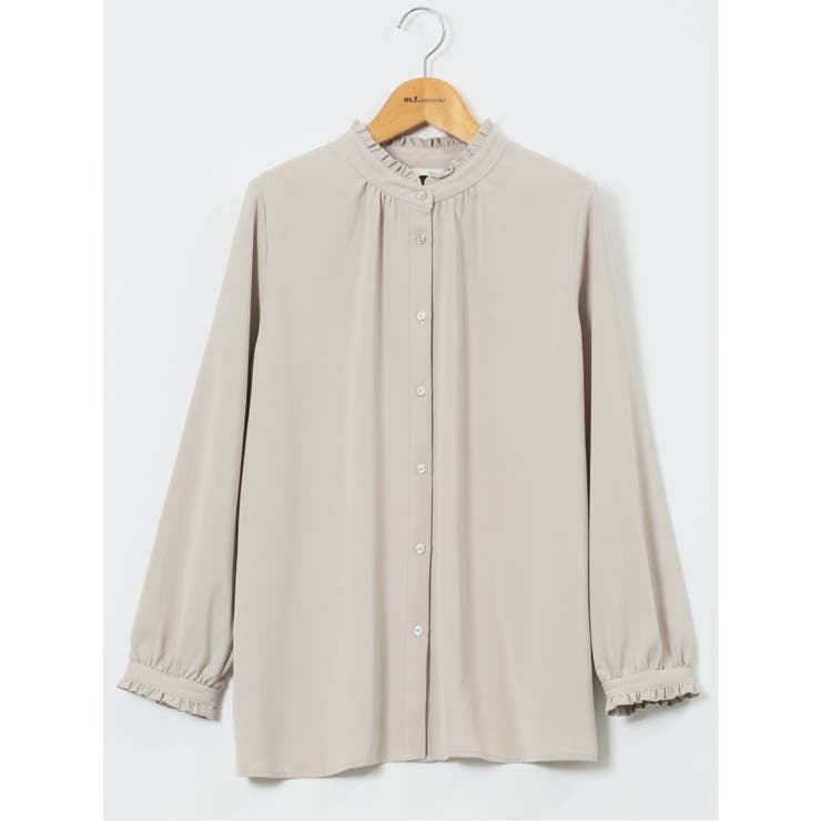 03ライトグレー | ストレッチ バンドカラーフリル 長袖ブラウス | TAKA-Q WOMEN