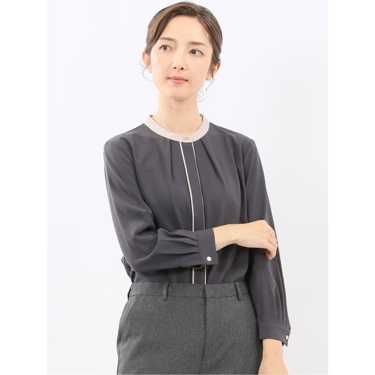 06グレー | バンドカラー配色 比翼 長袖ブラウス | TAKA-Q WOMEN