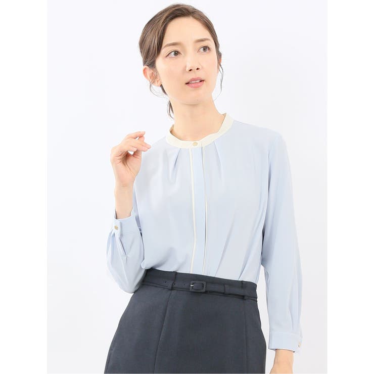 73サックス | バンドカラー配色 比翼 長袖ブラウス | TAKA-Q WOMEN