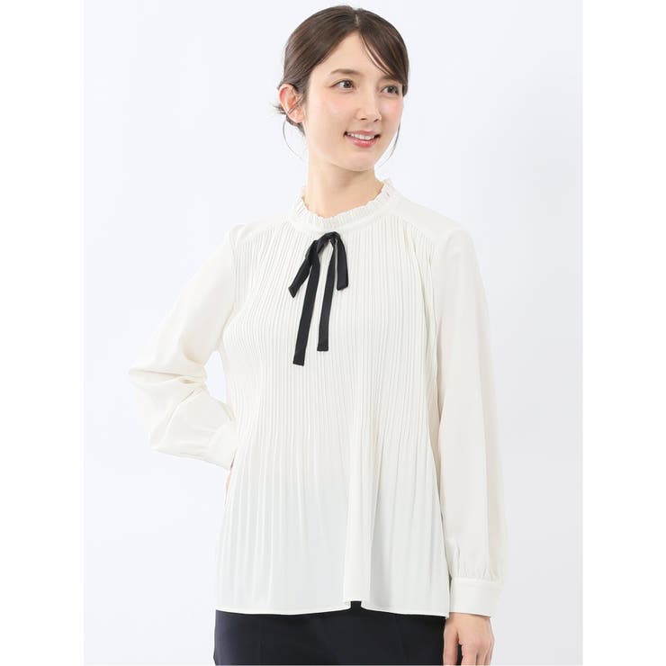 02アイボリー | 前身プリーツ リボン 長袖プルオーバーブラウス | TAKA-Q WOMEN