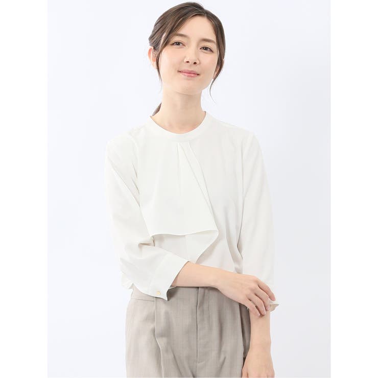 02アイボリー | ラッフルフリル 7分袖 プルオーバー ブラウス | TAKA-Q WOMEN