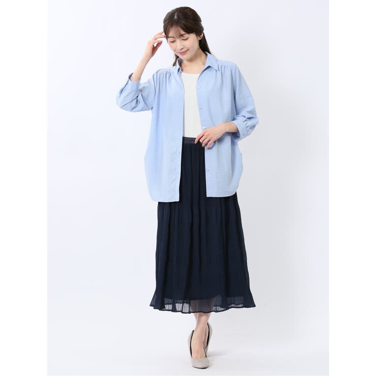 脇タック前開き スキッパーシャツチュニック[品番:TKQJ0025273 脇タック前開き スキッパーシャツチュニック[品番:TKQJ0025273