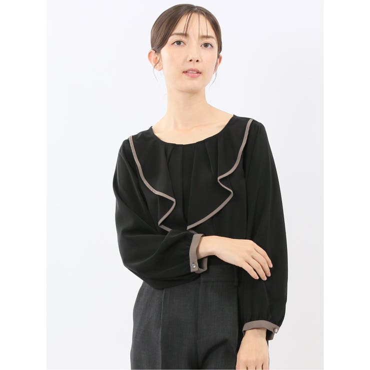 05黒 | パイピングフリル 長袖プルオーバーブラウス | TAKA-Q WOMEN