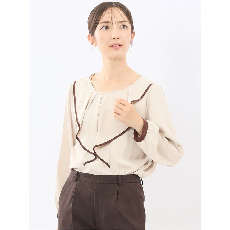 33ベージュ | パイピングフリル 長袖プルオーバーブラウス | TAKA-Q WOMEN