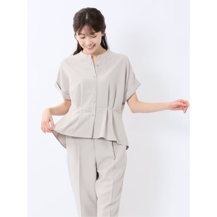 麻調合繊 バンドカラー 半袖ブラウス（セットアップ可能） | TAKA-Q WOMEN | 詳細画像1 