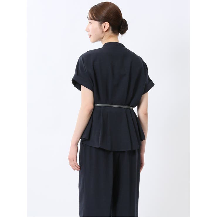 麻調合繊 バンドカラー 半袖ブラウス（セットアップ可能）[品番