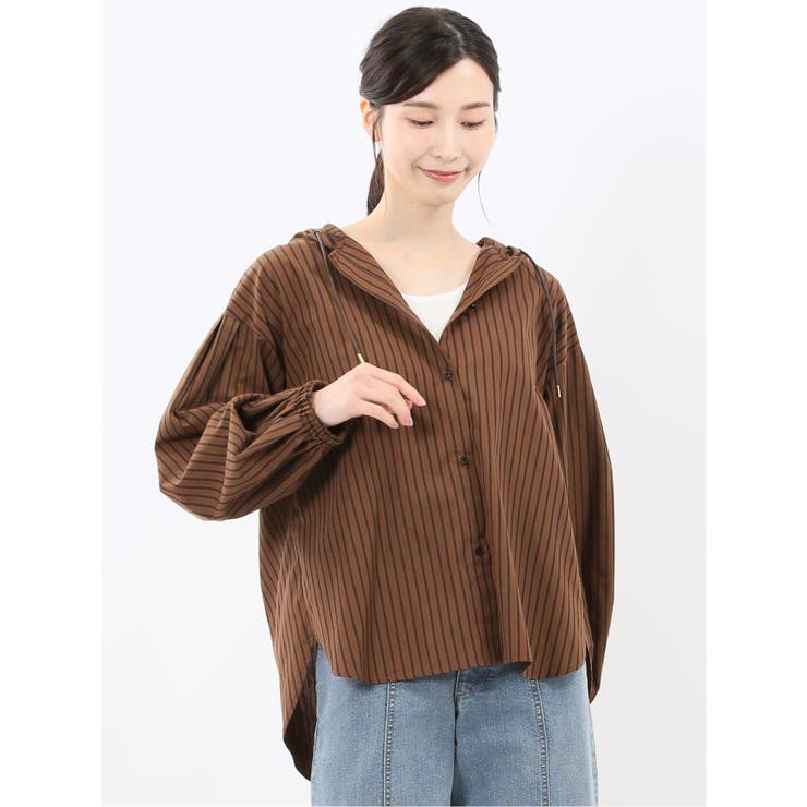 35こげ茶 | 綿混ブロード ストライプ柄 シャツアウター | TAKA-Q WOMEN