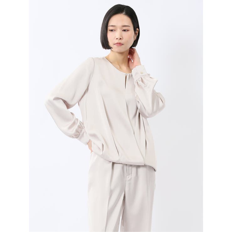 光沢サテン 長袖プルオーバーブラウス(セットアップ可能) | TAKA-Q WOMEN | 詳細画像1 