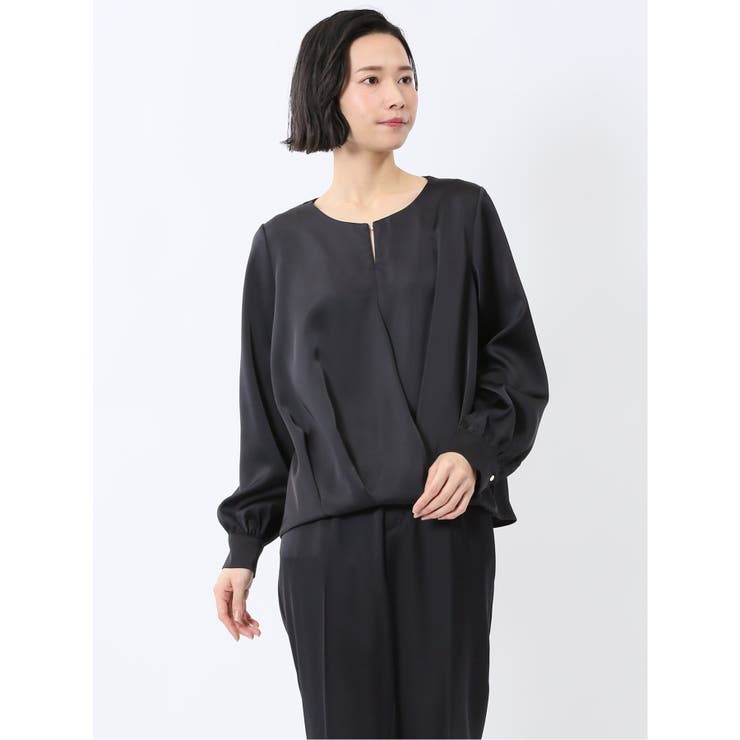 75紺 | 光沢サテン 長袖プルオーバーブラウス(セットアップ可能) | TAKA-Q WOMEN