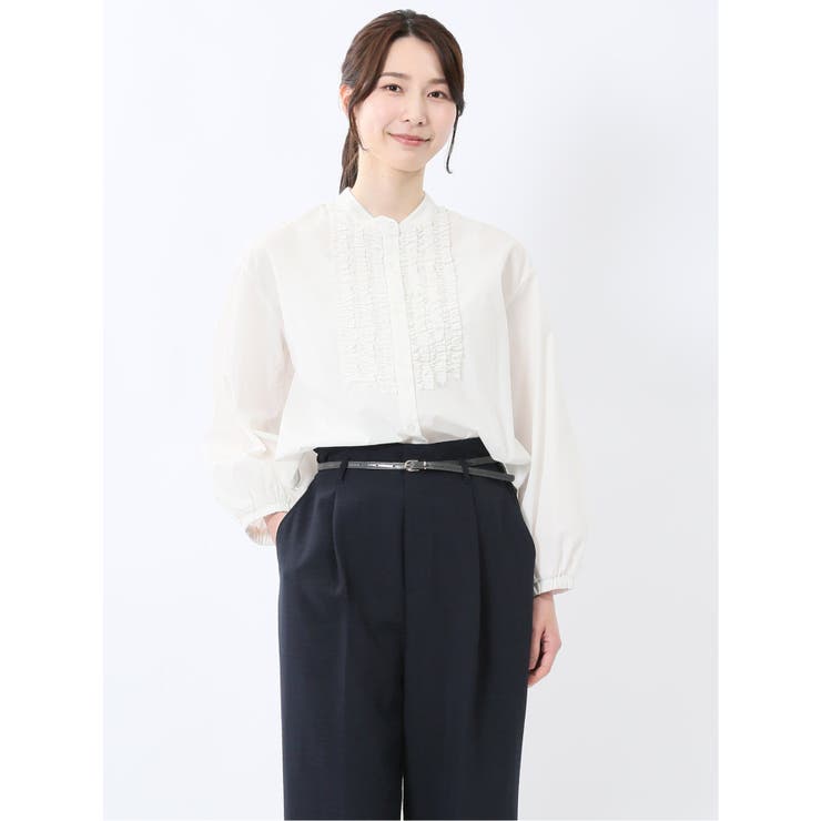 ブロード バンドカラー フリル長袖ブラウス | TAKA-Q WOMEN | 詳細画像1 