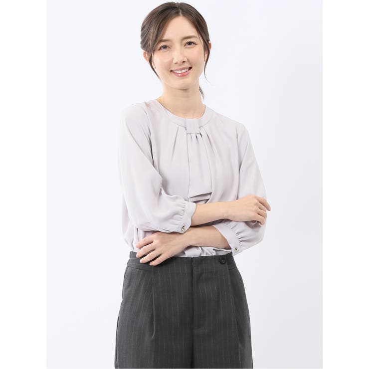 12ピンク | 金具付きボウタイ風 7分袖プルオーバーブラウス | TAKA-Q WOMEN