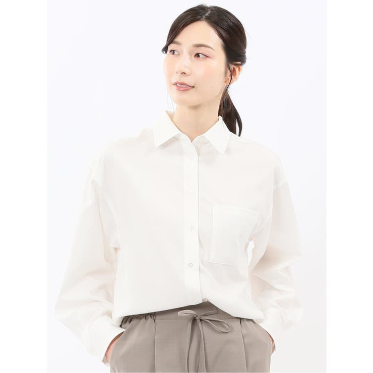 01白 | ストレッチ バックタック レギュラーカラー 長袖ブラウス | TAKA-Q WOMEN