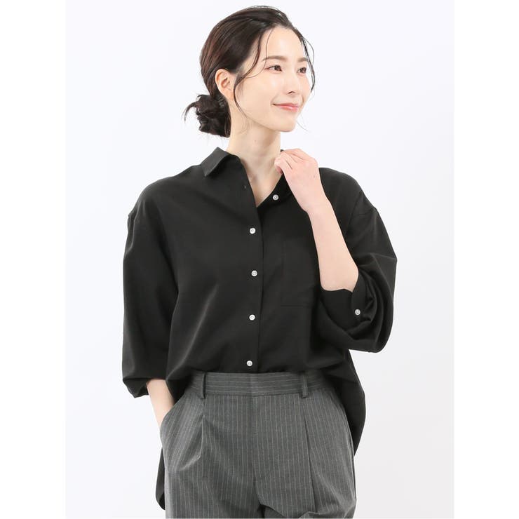 05黒 | ストレッチ バックタック レギュラーカラー 長袖ブラウス | TAKA-Q WOMEN