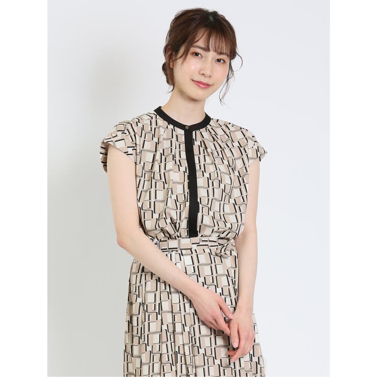 配色バンドカラー 半袖比翼ブラウス[品番：TKQJ0019071]｜TAKA-Q