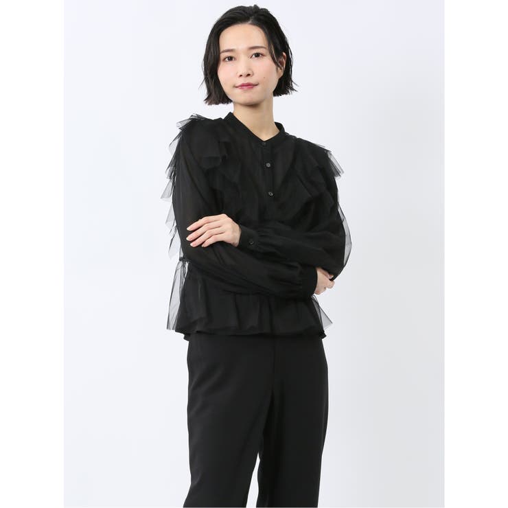 05黒 | フリル 前開き 長袖ブラウス | TAKA-Q WOMEN